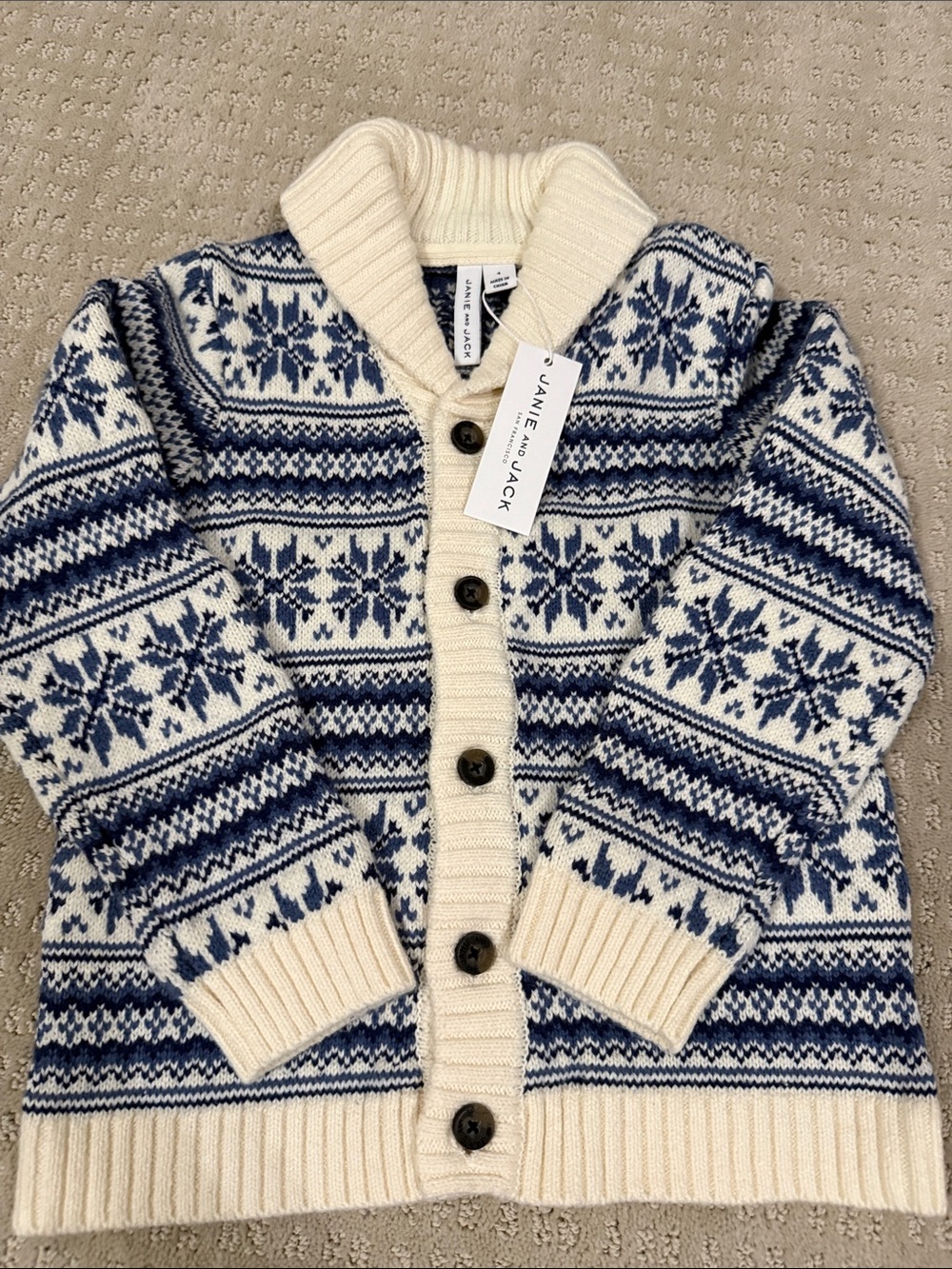 Janie and Jack Cream and Blue Fair Isle Shawl Cardigan